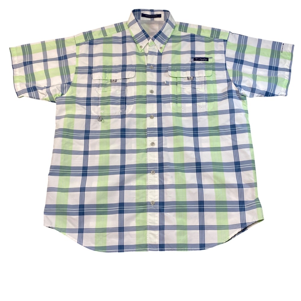 Columbia PFG Super Bahama Fishing Shirt Mens XL Green Blue Plaid
